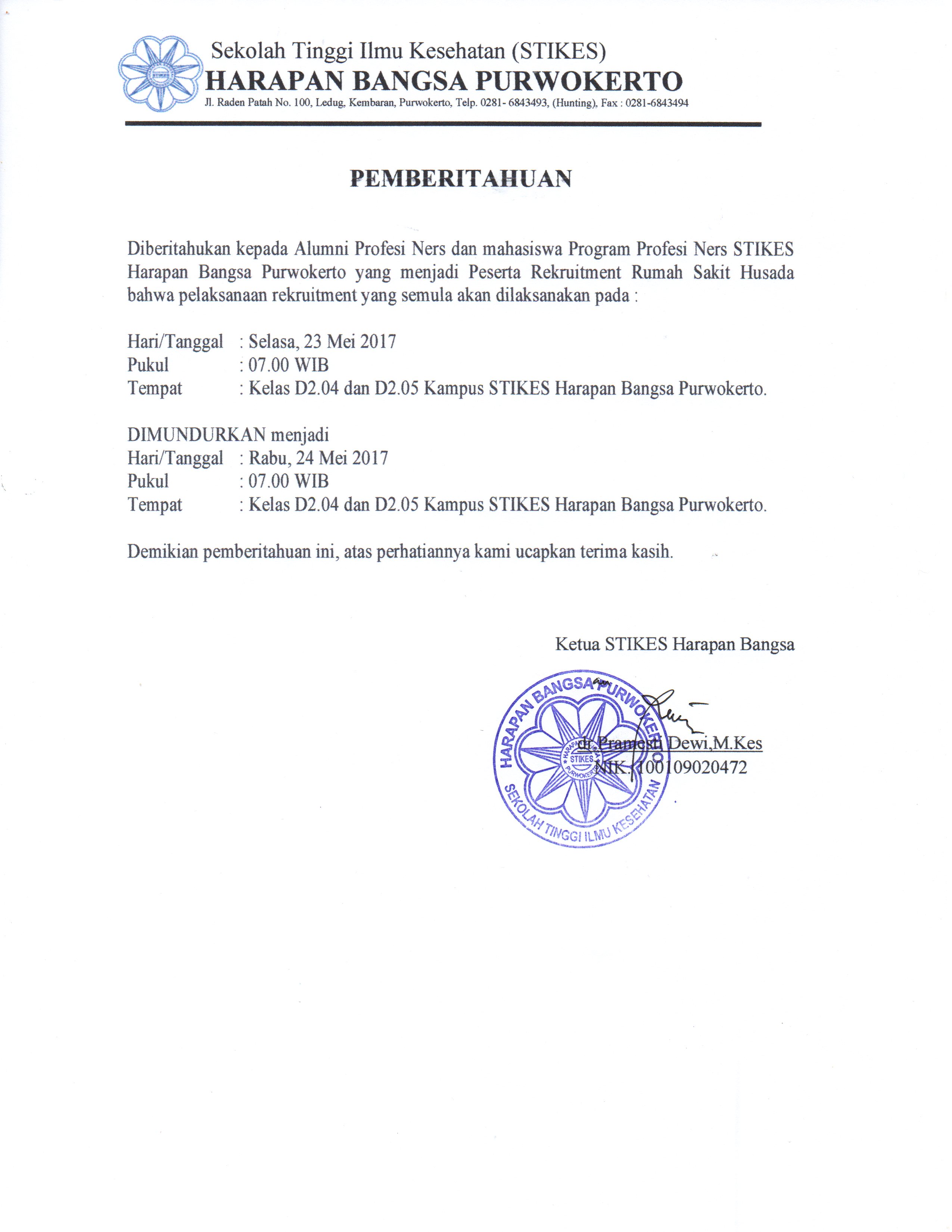 Pemberitahuan Perubahan Jadwal Rekruitment Rumah Sakit Husada Jakarta
